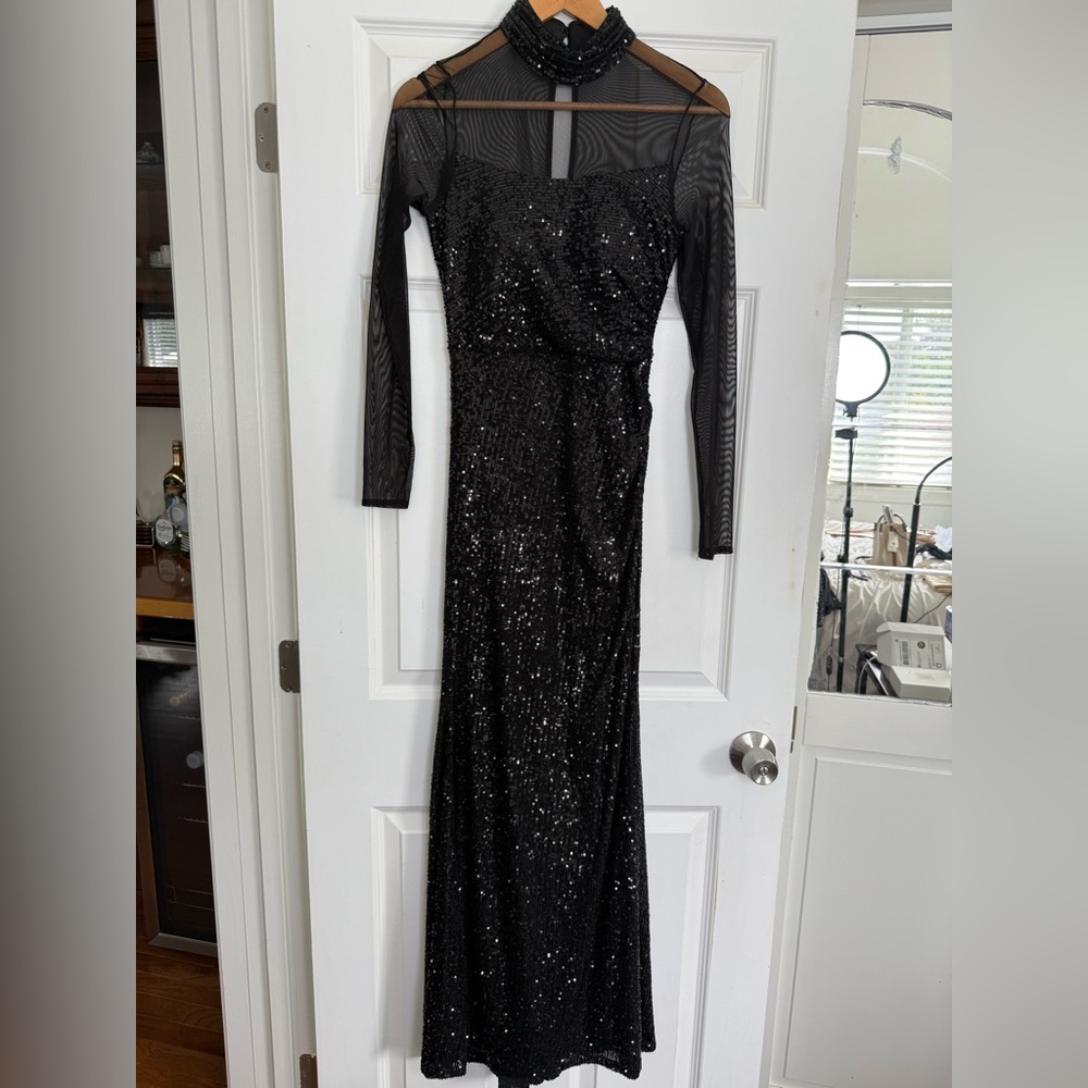 Eliza J Black Sequin Long Sleeve Illusion Gown with High Neck